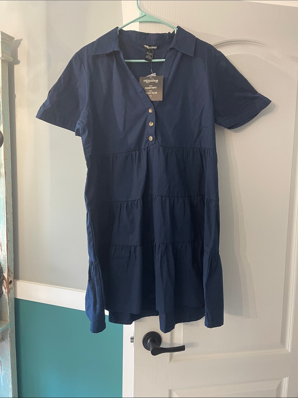 Navy Tiered Polo Midi Dress with Button Placket
